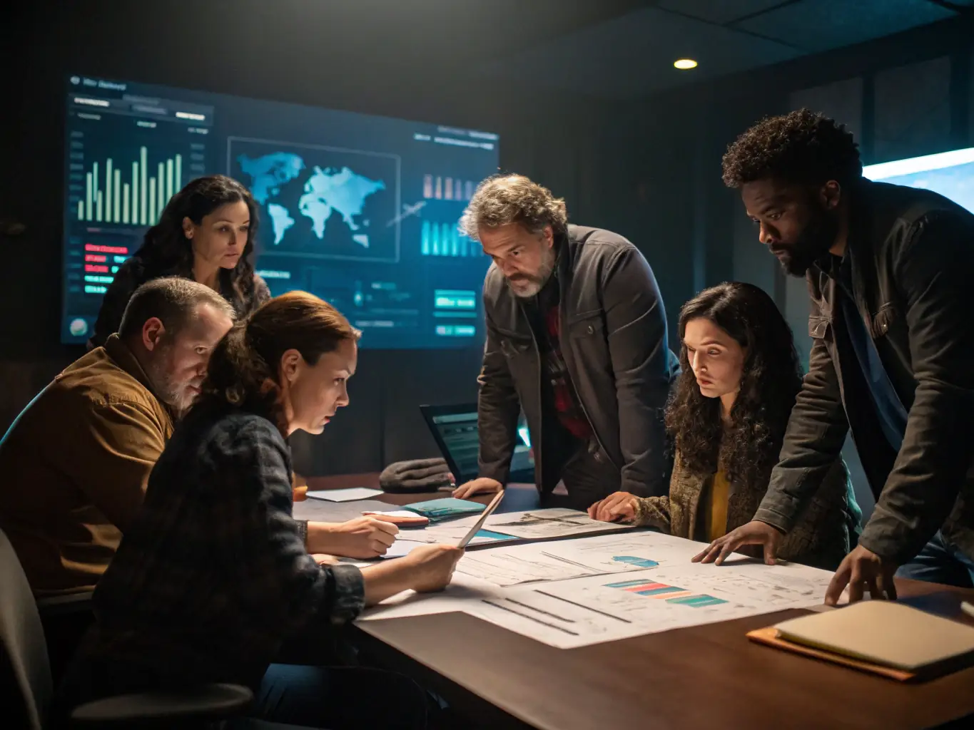 An image depicting a modern office setting with financial analysts collaborating on investment strategies, showcasing teamwork and expertise.