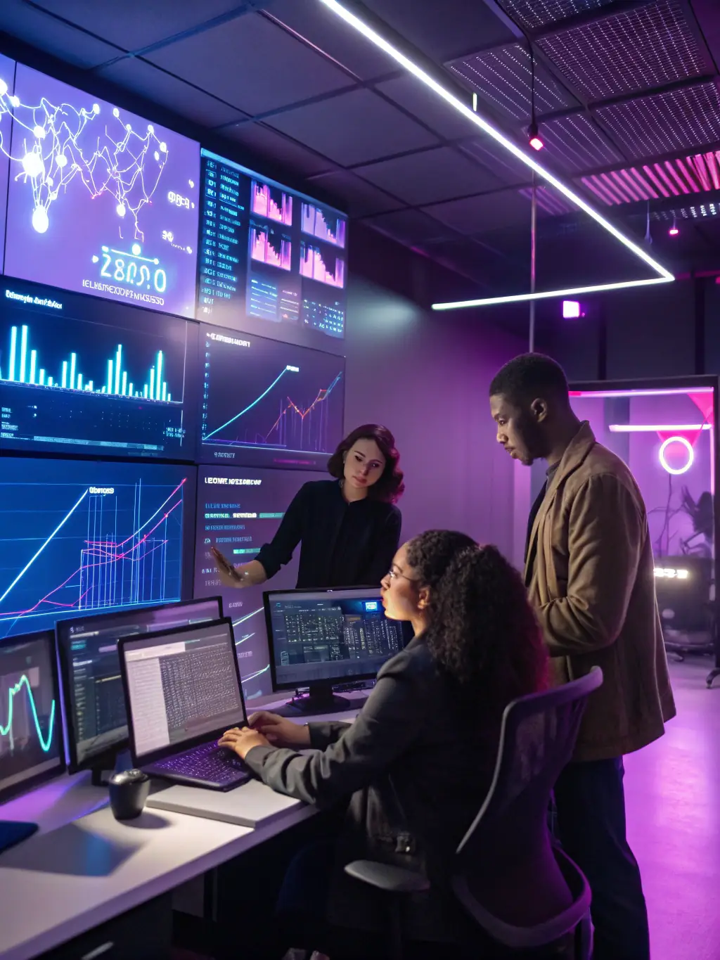 A professional setting with analysts examining financial data on multiple screens, illustrating Aljohar's commitment to in-depth market analysis.