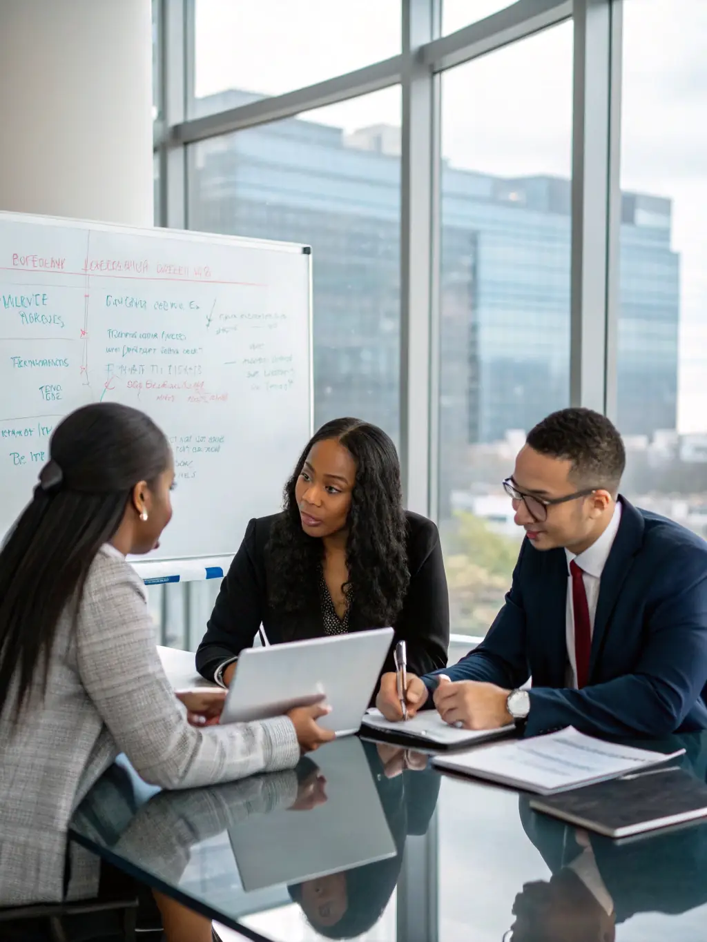 A modern office setting with a team of financial experts collaborating on investment strategies, showcasing Aljohar's collaborative and innovative environment.