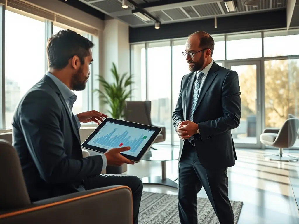 A professional financial advisor is discussing investment options with a client in a modern office setting, showcasing Aljohar's personalized service.