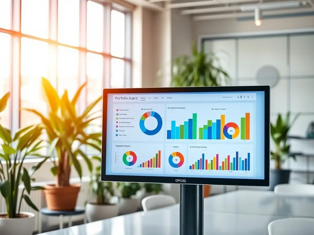 A diverse portfolio of stocks, bonds, and other assets is displayed on a digital screen, representing Aljohar's diversified investment approach.