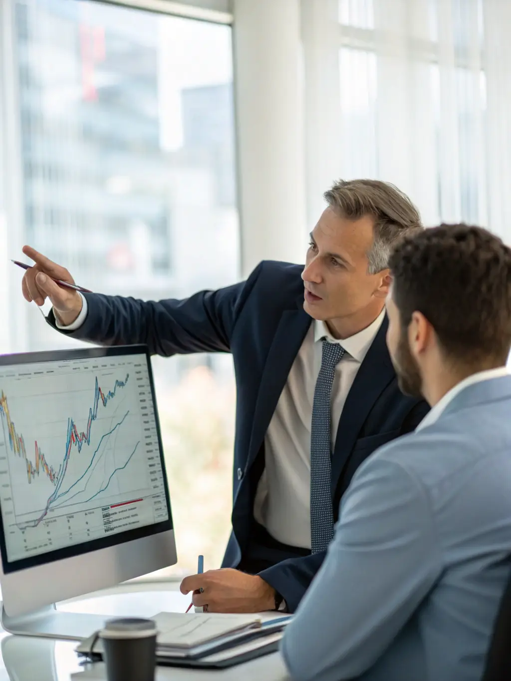 A professional financial advisor analyzing market data on a computer screen, representing Aljohar's data-driven approach to investment decisions.